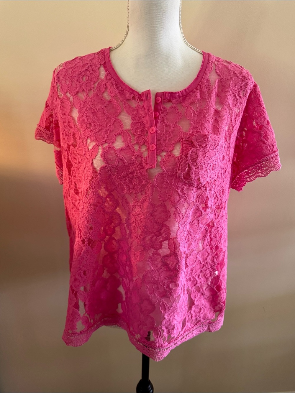 Cato Hot Pink Floral Lace Short Sleeve Top